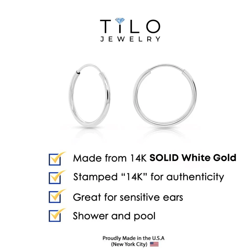 Pendientes de aro redondos sin fin de oro blanco macizo real de 14K aro de tubo de 1 mm Foto 2 de 4