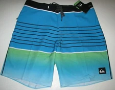 Quiksilver Men's 36 Slab Blue Green Black Stripe Board Shorts Surf