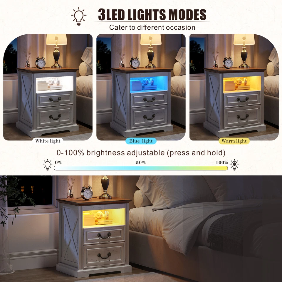 Mesita de noche con cajón de pistola Mesita de noche con luz LED con estación de carga Foto 4 de 4