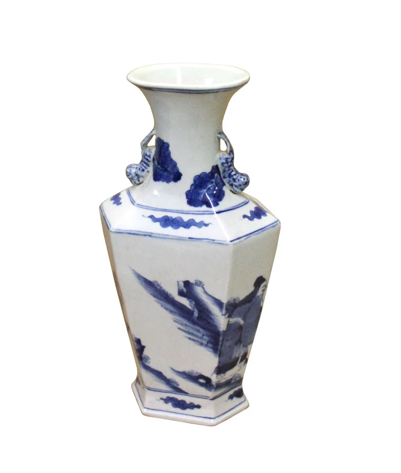 Chinese Blue White Porcelain Rhomboid Hexagon Scenery Vase cs4104 - Image 3 of 4