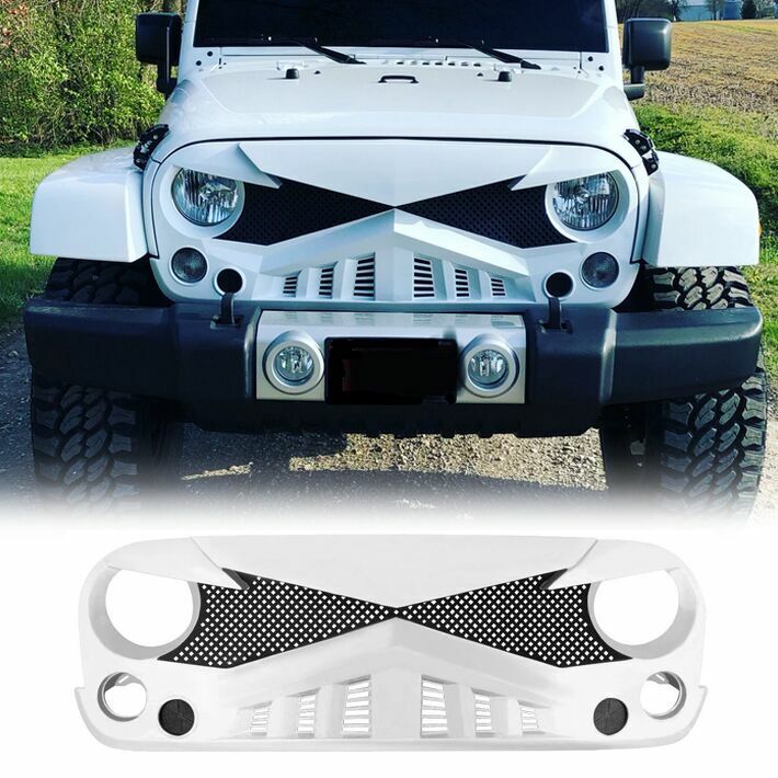 For 07-18 Jeep Wrangler JK JKU Front Bumper Grill White Hawke Grille W/Mesh ABS