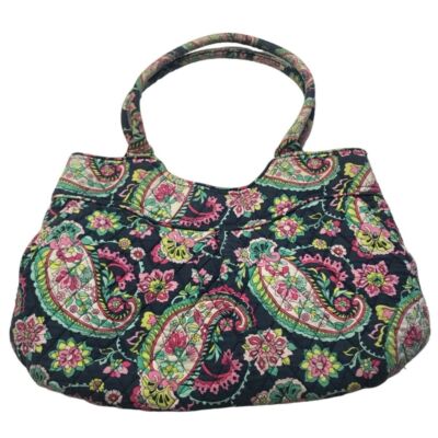 Vera Bradley shoulder hand bag pink floral medium sized green paisleys zip read