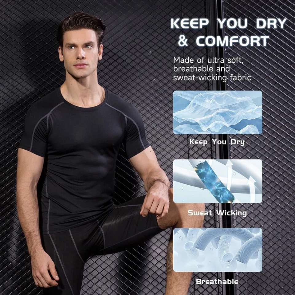 Men Compression Base Layer Dry Fit Athletic Short Sleeve Sport Gym Workout Shirt - Image 3 of 4