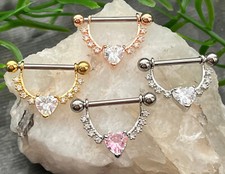 PAIR Lined Gem w/ Heart Dangle Nipple Rings Shields - Steel, Gold or Rose Gold
