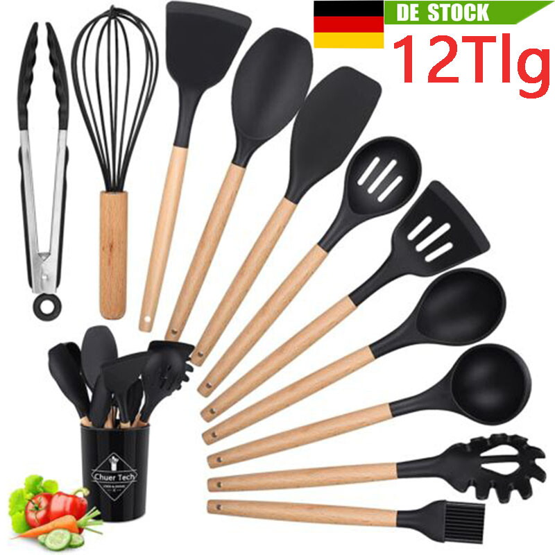 12tlg set Küchenutensilien Holz Silikon Koch Utensilien Helfer Löffel Besteck DE