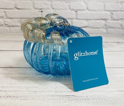 GLITZHOME Blue Glass Pumpkin Swirl Stem Glitter Thanksgiving Decor Fall Home