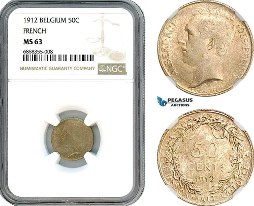 AJ147, Belgium, Albert I, 50 Centimes 1912, Brussels Mint, Silver, NGC MS63