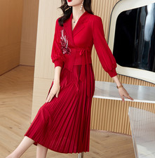 Womens Elegant Dress Floral Embroidery Lapel Lantern Sleeve Pleated Skirt Hot