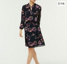 J. Crew Black Floral Print Smocked-Waist Knew Length Dress Sz Medium, (A1)
