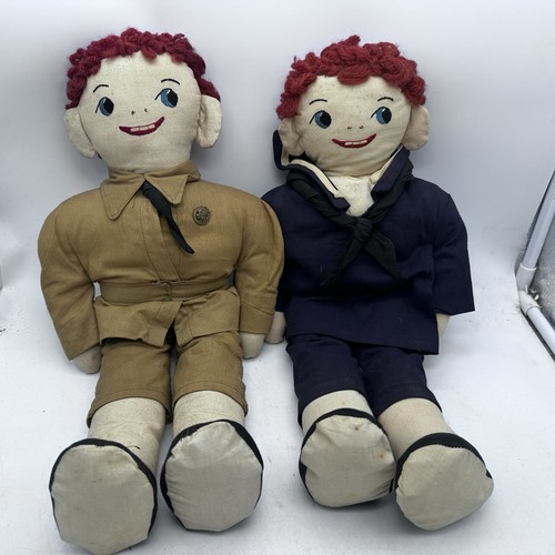 Vtg WW2 Cloth Doll Pair Soldier And Sailor Folk Art Embroidered 16” *READ