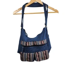 Gold Coast Denim Boho Crossbody Bag Tribal Print Pockets Backpack