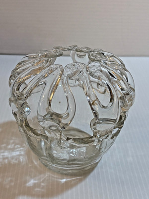 Antique Vtg Victorian Hand Blown Clear Glass Brides Bank Money Basket Wedding