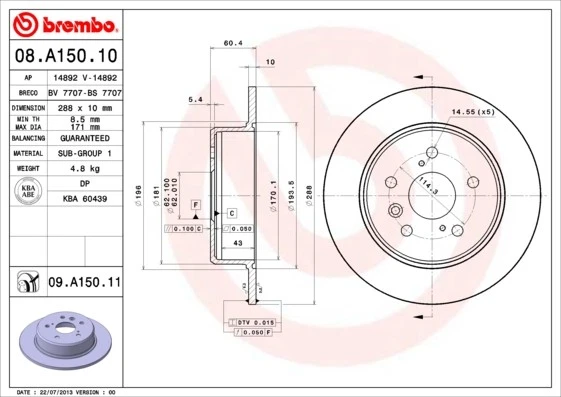 2x BRAKE DISC 08.A150.11 FOR LEXUS TOYOTA 1MZ-FE 3.0L 6cyl RX SUV5S-FE 2.2L 4cyl - Image 2 of 4