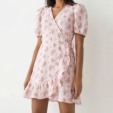 & Other Stories Linen Puff Sleeve Floral Wrap Mini Dress Women’s Size 6 Ruffles