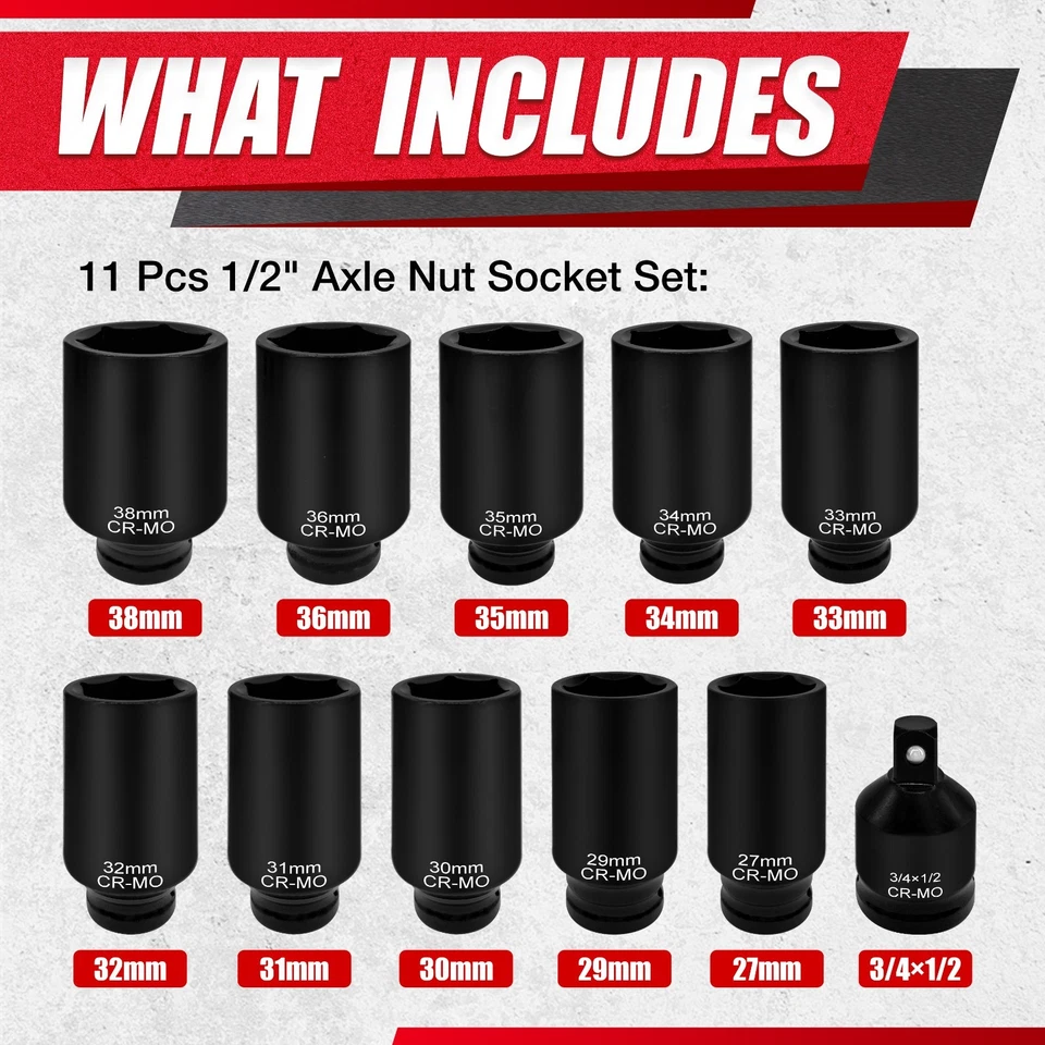 11PCS 1/2" Axle Nut Socket Set Drive Spindle Wheel Axle Nut Wrench Large Sockets - Image 2 of 4