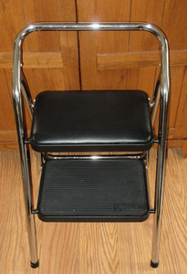 Tricam TR-2CH-PS Metal Folding 2 Step Stool Padded Seat Black Chrome GUC