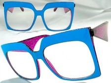 Oversized Exaggerated Vintage Retro Clear Lens EYE GLASSES Big Square Blue Frame