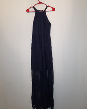 Altar'd State Women M Dress Maxi Length Dark Blue Sheer Mesh Overlay Sleeveless 