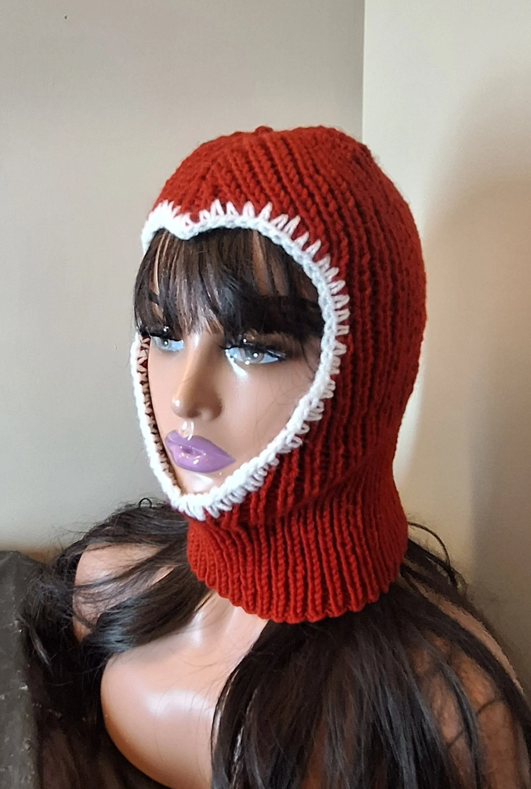 Red Knit Wool Blend Balaclava Ski Mask – Handmade Winter Coquette Hood Canada