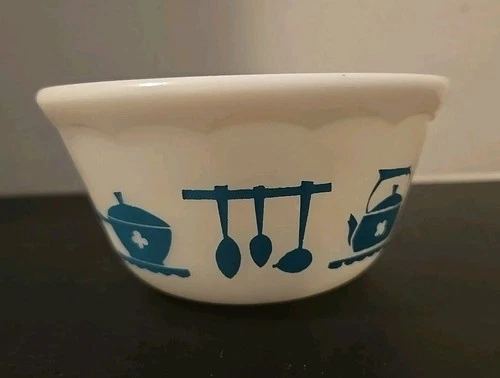 Vintage Hazel Atlas Kitchen Aids Turquoise Mixing Bowl Milk Glass 5" Scalloped