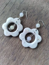 Handcrafted Flower Beaded Polymer Clay And Resin Silver Earrings Light Gray