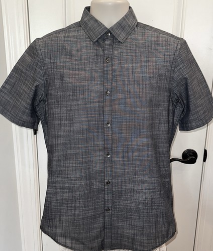 ALFANI Men's Gray Brushed Plaid Short Sleeve Button Front Shirt Size S NWT - Picture 2 of 3