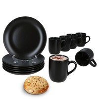 12Tlg FrüHstüCksset Panther Steingut Schwarz 6 Personen Teller Kaffeebecher