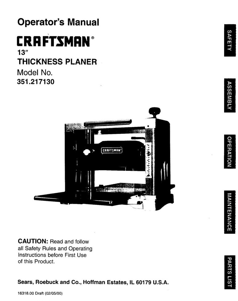Craftsman 351.217130 Planer Owners Instruction Manual | eBay