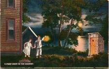 First Night Scenic American Countryside Outhouse Moonlight Linen Postcard First Night Scenic American Countryside Outhouse Moonlight Linen Postcard