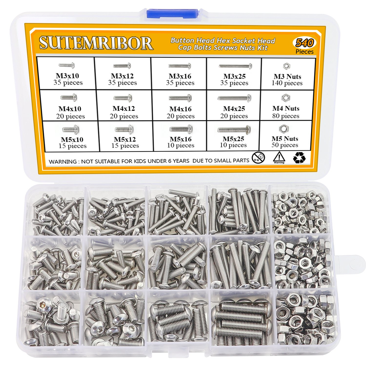 M3 M4 M5 Stainless Steel Button Head Hex Socket Head Cap Bolts Screws Nuts Assor
