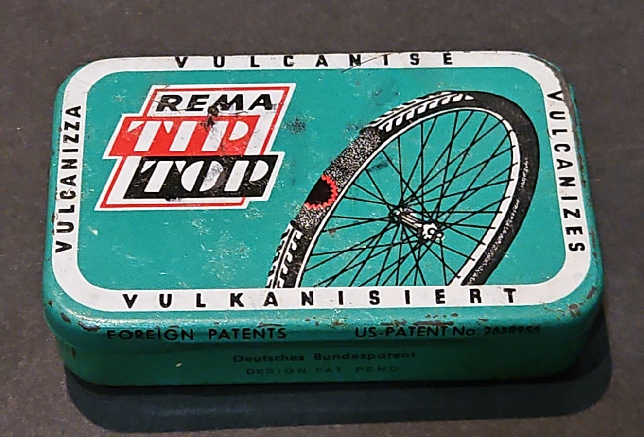 RARE VINTAGE REMA TIP TOP VULKANISIERT TIN BOX BICYCLE 🚲 REPAIR KIT W/CONTENTS 