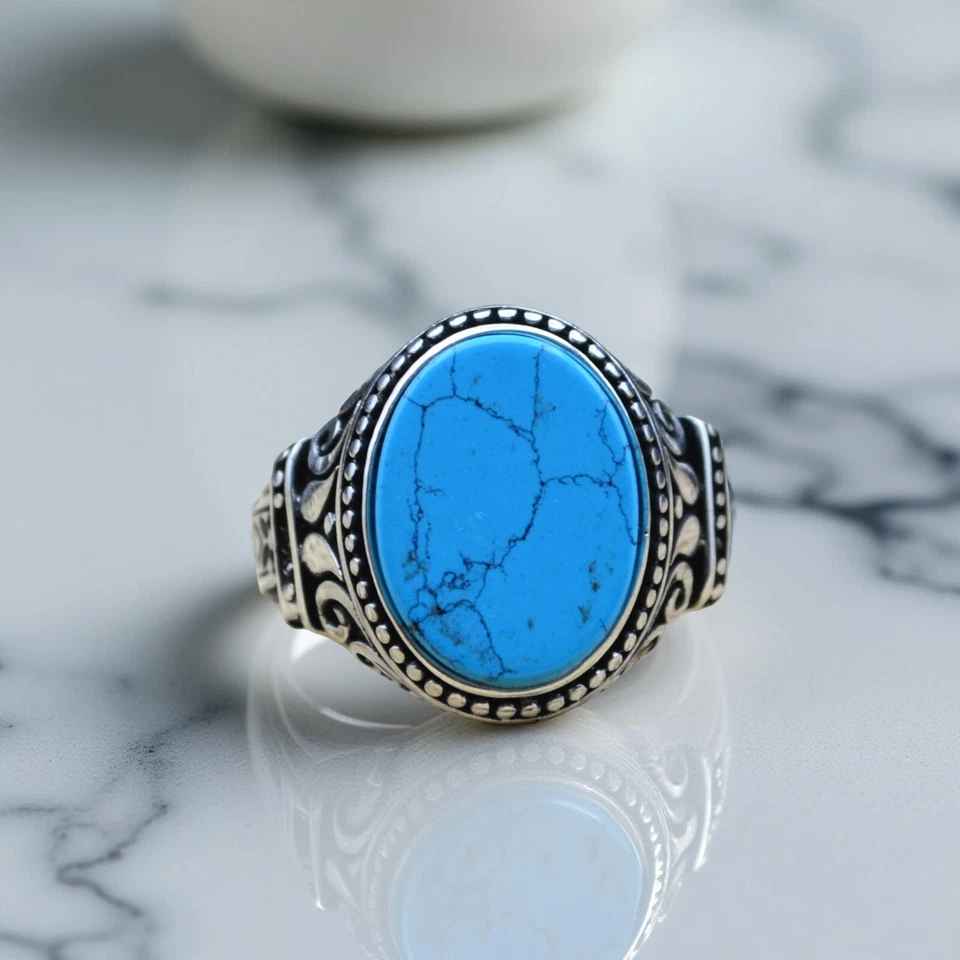 Мужское кольцо с бирюзой серебро 925 пробы ручная работа в османском стиле бижутерия с печаткой - Изображение 2 из 4
