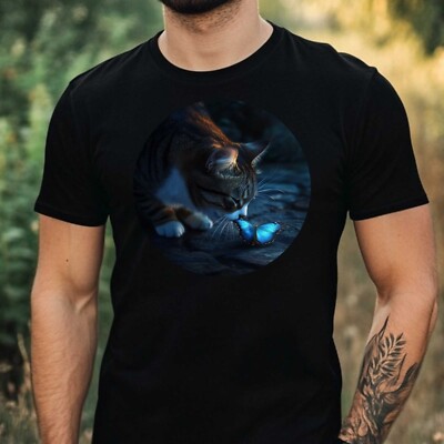 Mens Cat Butterfly Print Cotton T-Shirt Size XS to 5XL