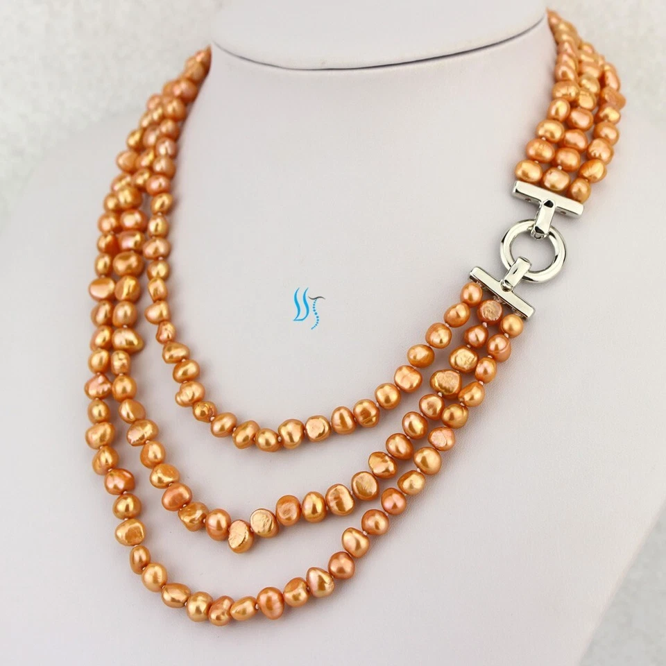 18-21英寸7-8毫米橙色3Row巴洛克淡水珍珠项链 — 第 3/4 张图片