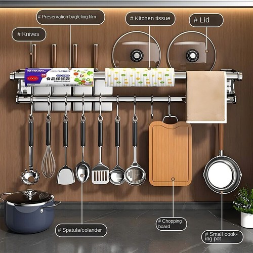 2 Tier Aluminum Kitchen Organizer Shelf Wall-mounted Spice Storage Rack w/ Hooks - Picture 11 of 11