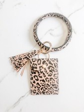 Leopard Faux Leather Wristlet Keychain Bracelet with Tassel and Card Holder NEW