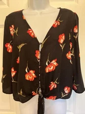 Urban Romantics Sz M Button Front Top Flowy Tie Waist Black Red Tulip Print EUC!