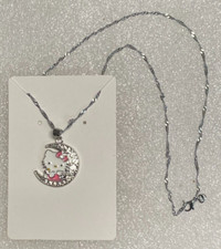 New Enamel Hello Kitty Crescent Moon Pendant Necklace 22"