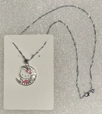 New Enamel Hello Kitty Crescent Moon Pendant Necklace 22"