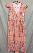 Old Navy Women Sleeveless Dress Plaid Pink Medium V-Neck Ruffles Fit & Flare tie