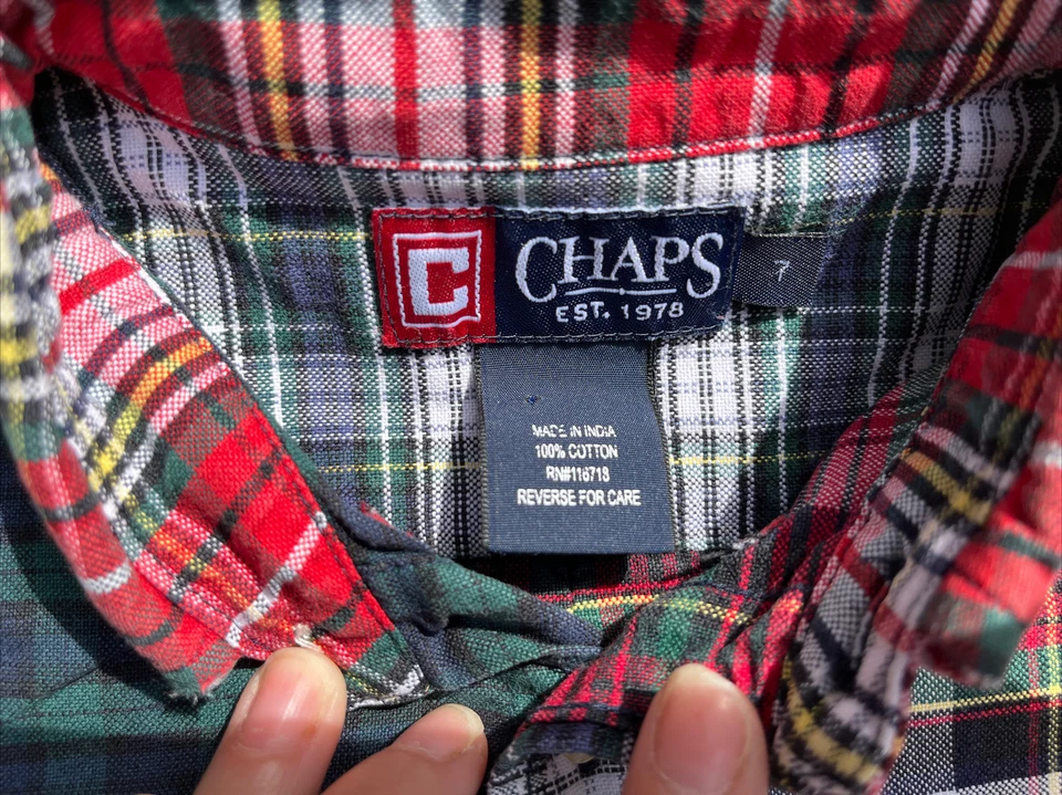 Chaps Youth Size 7 Two Toned Plaid Flannel Blue/Green & Red/White/Blue/Yellow - Image 3 of 4