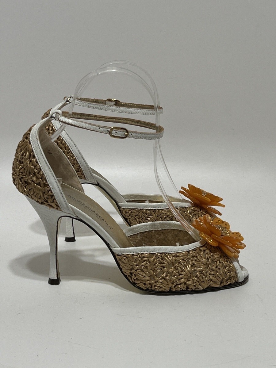 Vtg DOLCE & GABBANA ORANGE CRYSTAL FLOWER STRAW HEELS 37 | eBay