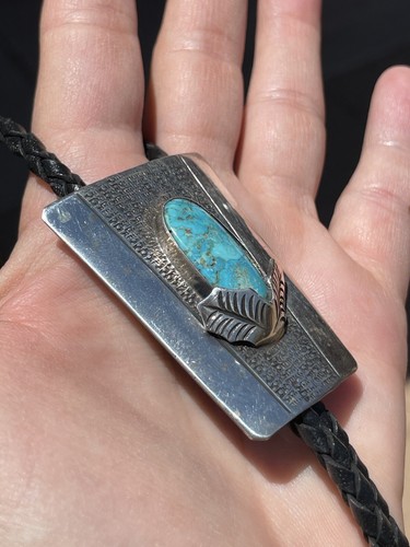 Vintage Navajo Turquoise & Sterling Silver Bolo Tie, Artist Leroy Benally - 第 5/8 張圖片