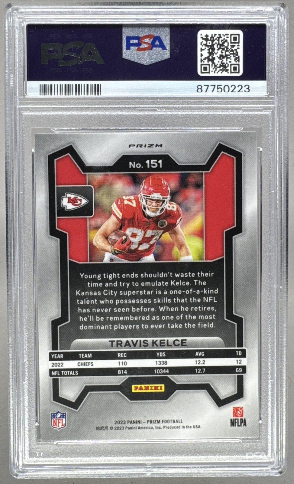 87750223 Travis Kelce 2023 Panini Prizm #151 White Sparkle SSP PSA 10 view 2