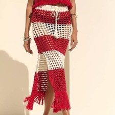 NWT Size M - Farm Rio 100% Cotton Red Striped crochet maxi skirt