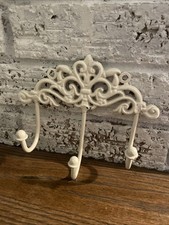 White Scroll Cast Iron Wall Triple Hook. Coat Hat Towels Jewelry. Heavy Duty