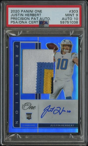 2020 JUSTIN HERBERT PSA 9 AUTO 10 PANINI ONE ROOKIE 4-COLOR PRECISION PATCH /25