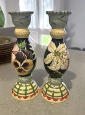 Tracy H.S. Porter Hand painted Wooden Candlestick Pair Beautiful Vintage  Floral