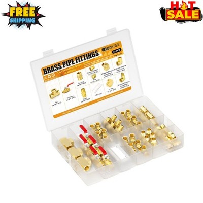 48PCS 1/4NPT Brass Pipe Fittings Kit Elbow Tee Valve Plug Reducer Adapter