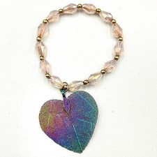 Vintage Boho Iridescent Filigree Leaf Heart Charm Pink Crystal Stretch Bracelet
